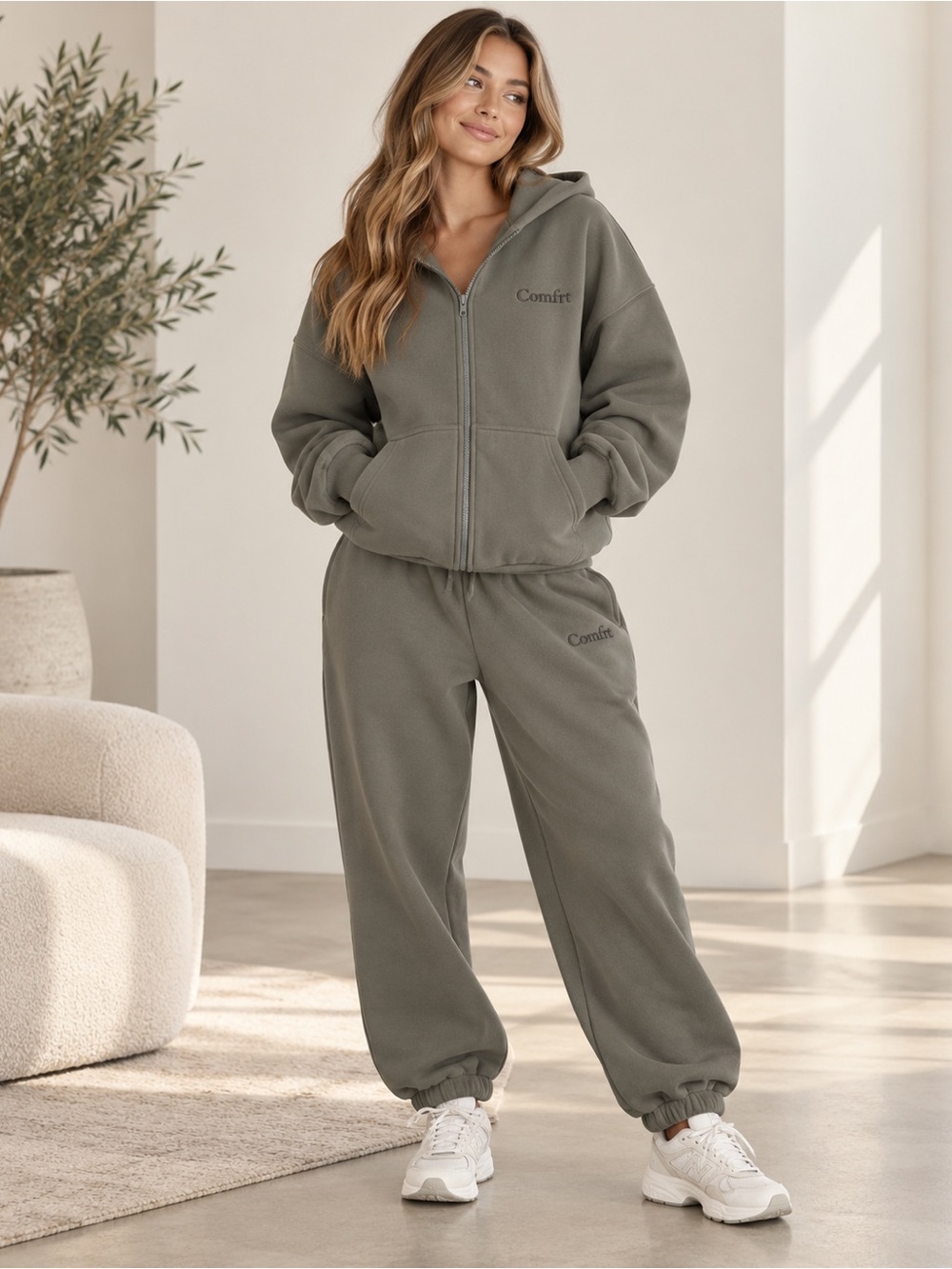 Comfrt Cloud Zip Hoodie Sweatpants Set XL Millstone Green Unisex Oversized travl